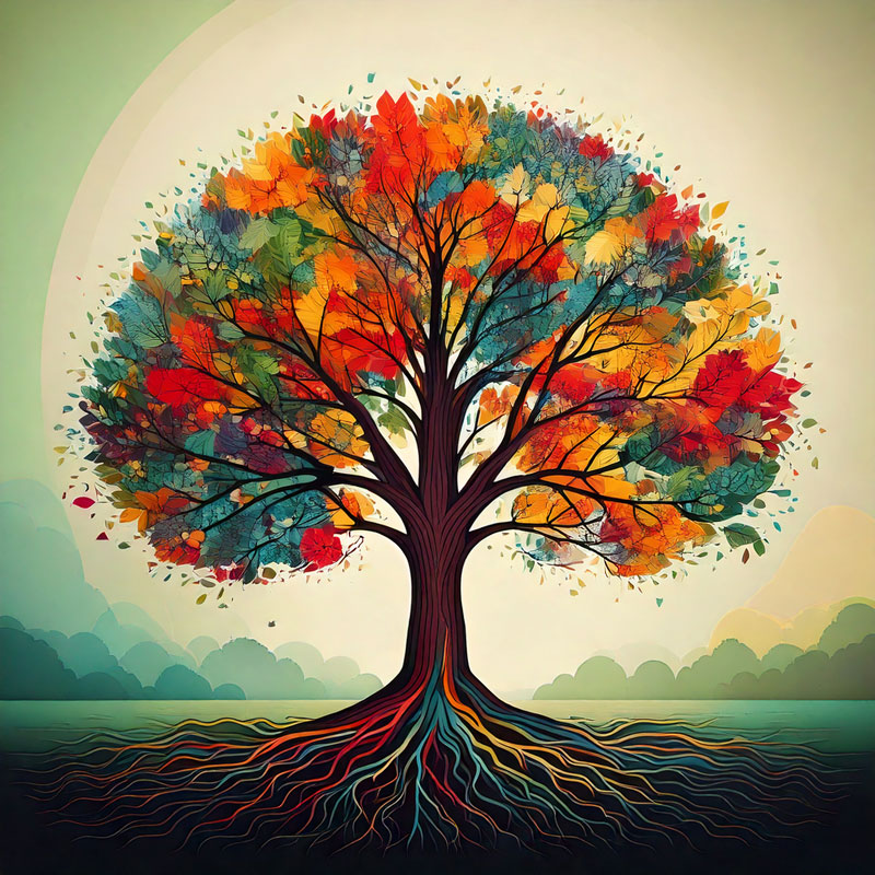 artwork of a tree showing roots and flourishing tree top representing cognitive therapy approaches to healing mental health issues