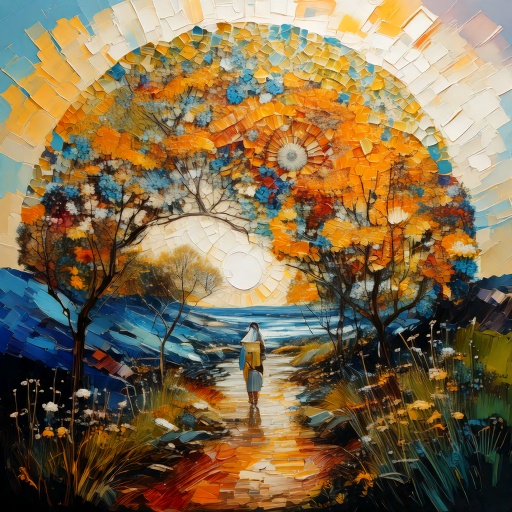 colorful artwork painting of a person walking towards sunset on a path outside symbolizing a journey to mental wellbeing