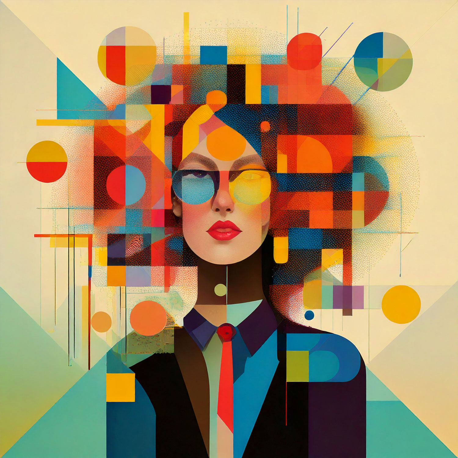 abstract person standing with a lot of shapes and chaos surrounding the head representing a lot of thought and anxiety in their head