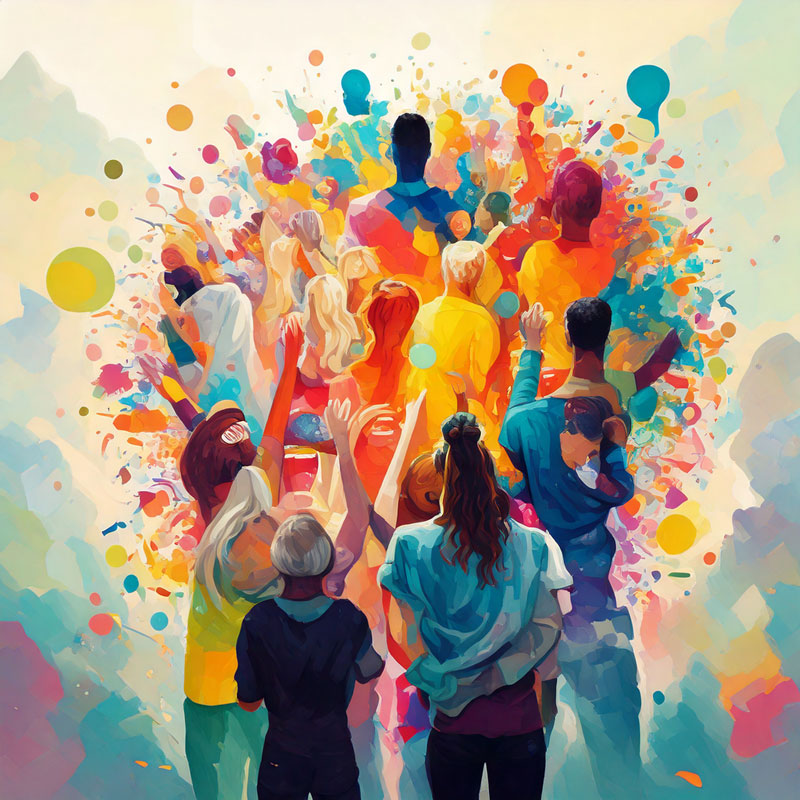 a colorful painting of a group of diverse people creating the canvas of life and understanding that we are all different