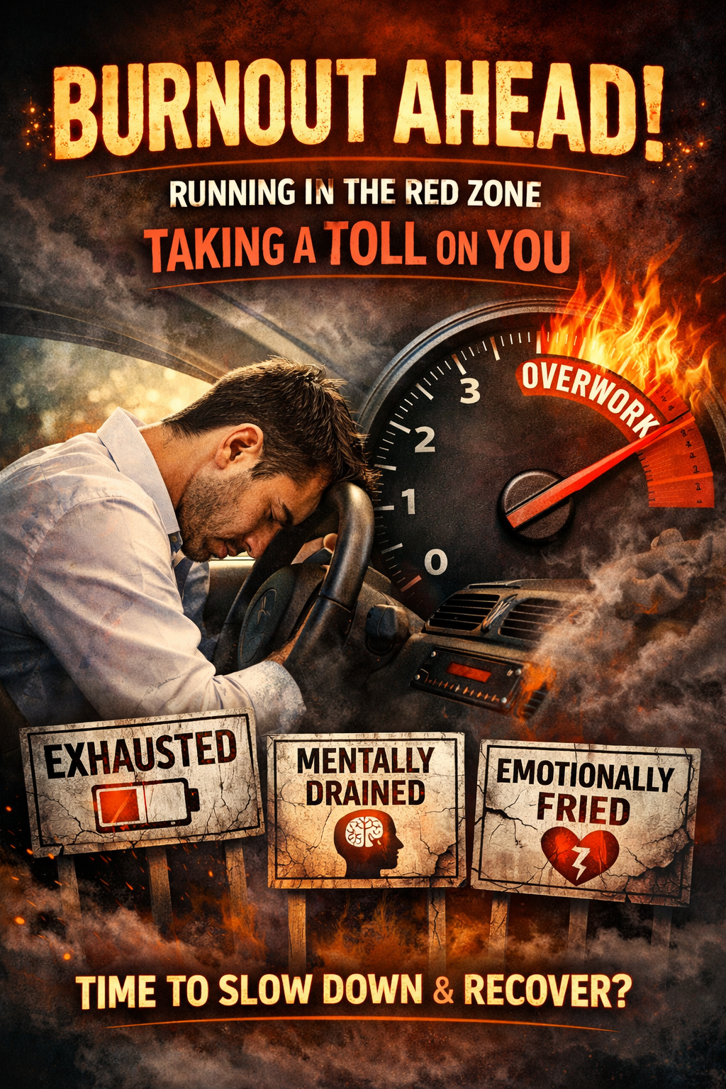 Illustration representing burnout and overwork, showing emotional exhaustion and the cost of living in the red zone.