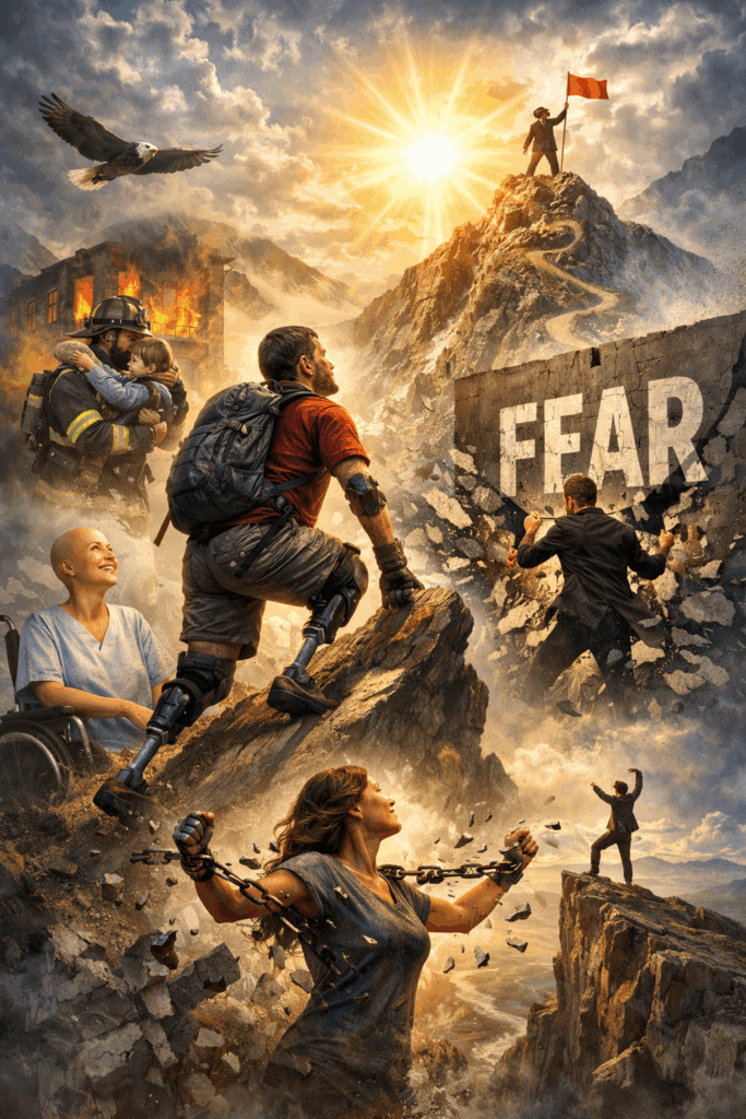 Illustration depicting courage, showing individuals overcoming fear and limitations, including a person with prosthetic limbs climbing a mountain, people breaking chains, and confronting the word ‘fear’ under a rising sun.