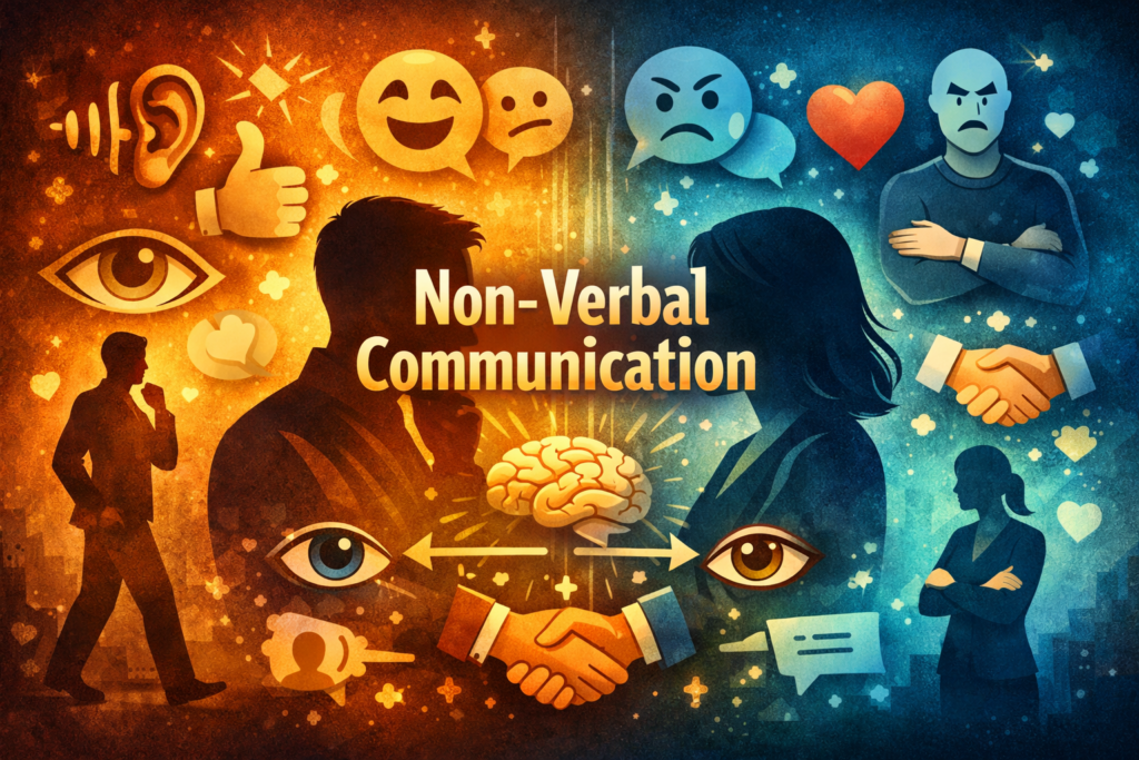 Illustration showing two people communicating through body language, facial expressions, eye contact, and gestures representing non-verbal communication and emotional intelligence.