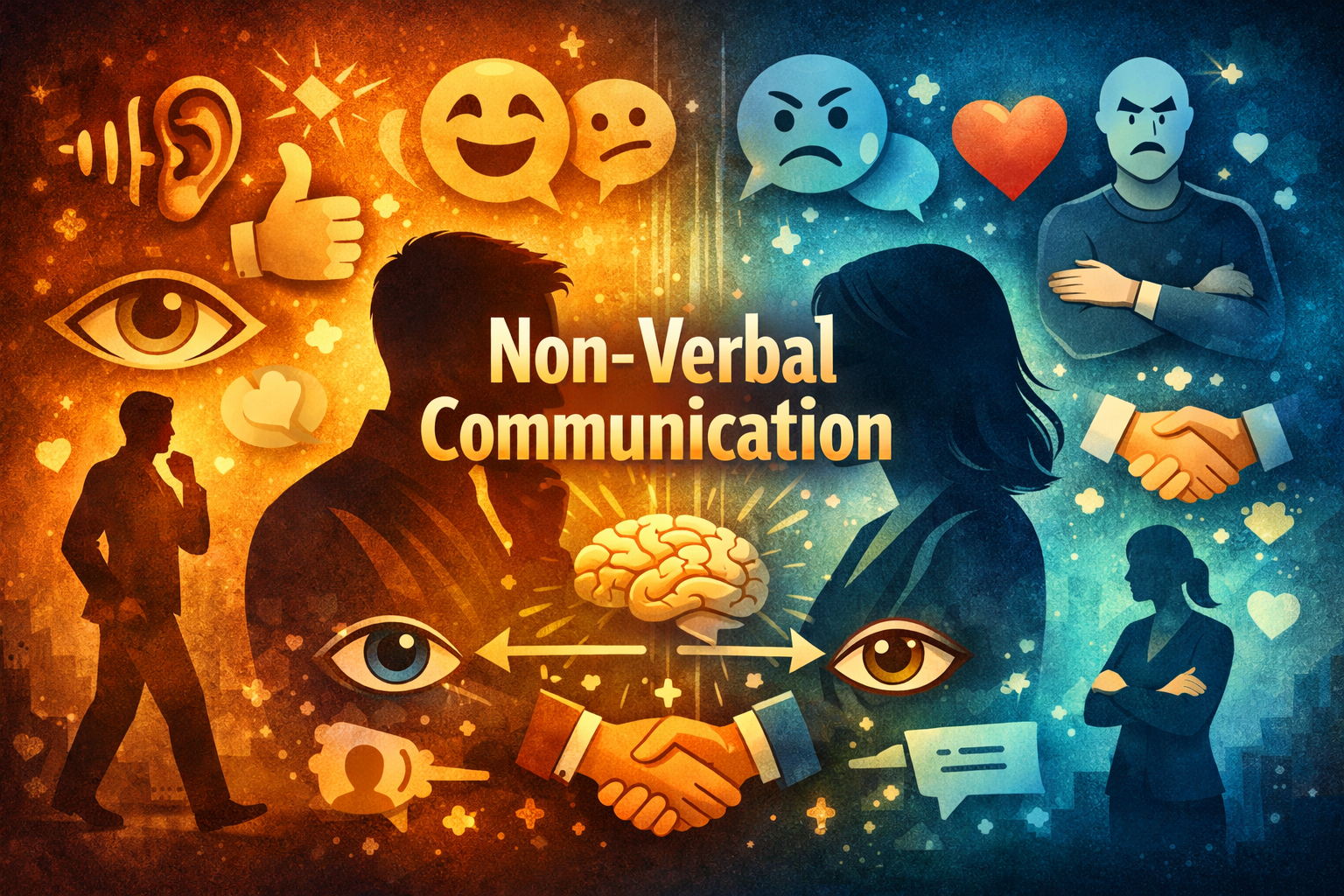 Illustration showing two people communicating through body language, facial expressions, eye contact, and gestures representing non-verbal communication and emotional intelligence.