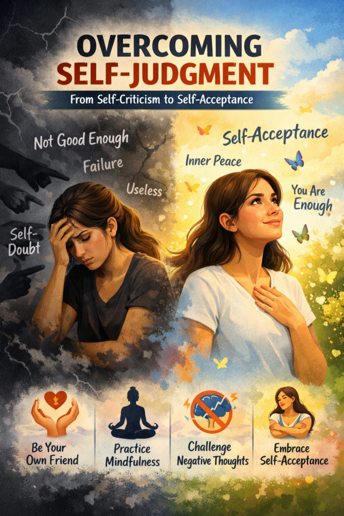 Illustration showing a woman transitioning from self-judgment and self-criticism to self-acceptance, mindfulness, and inner peace