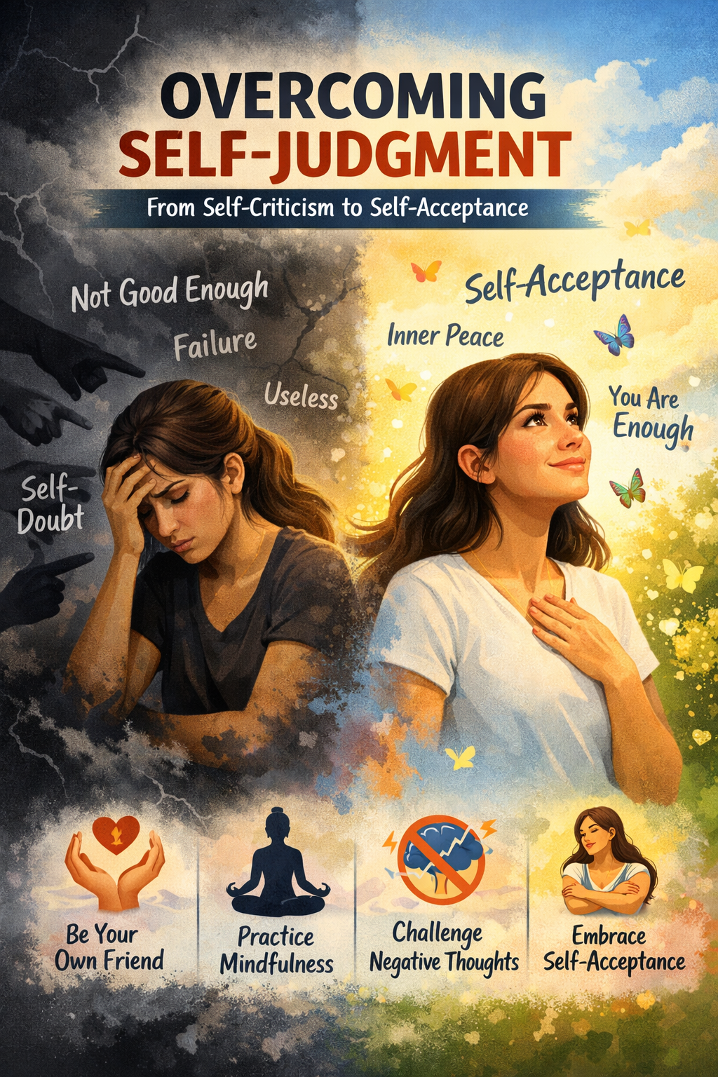 Illustration showing a woman transitioning from self-judgment and self-criticism to self-acceptance, mindfulness, and inner peace