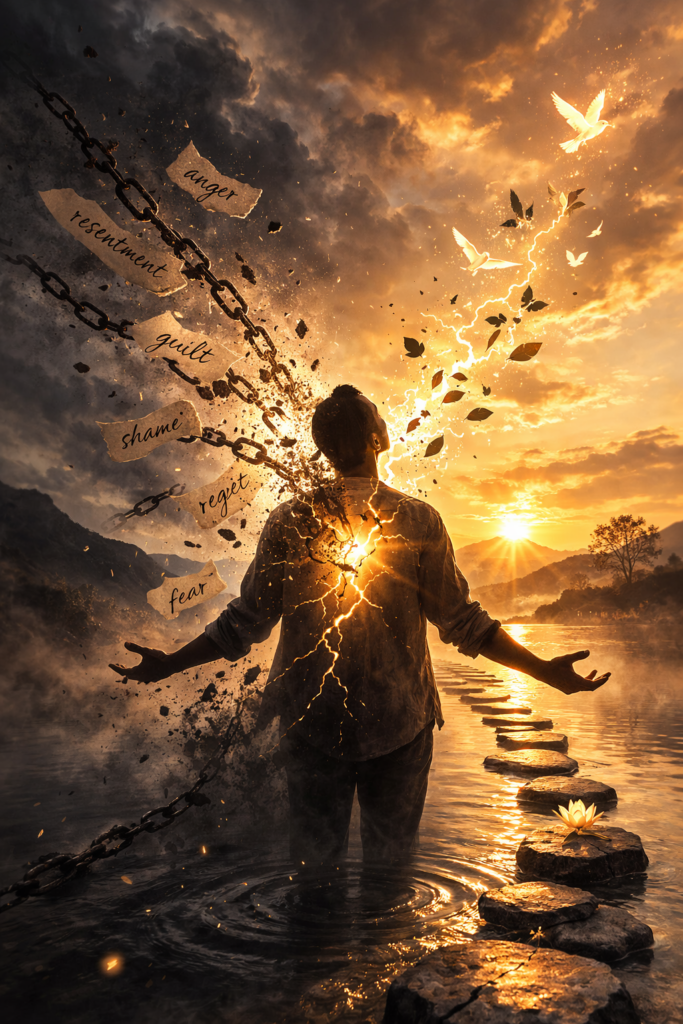 Symbolic image of forgiveness showing a person standing in water at sunrise as chains labeled anger, resentment, guilt, shame, regret, and fear break apart and transform into light and birds, representing emotional release and inner healing.