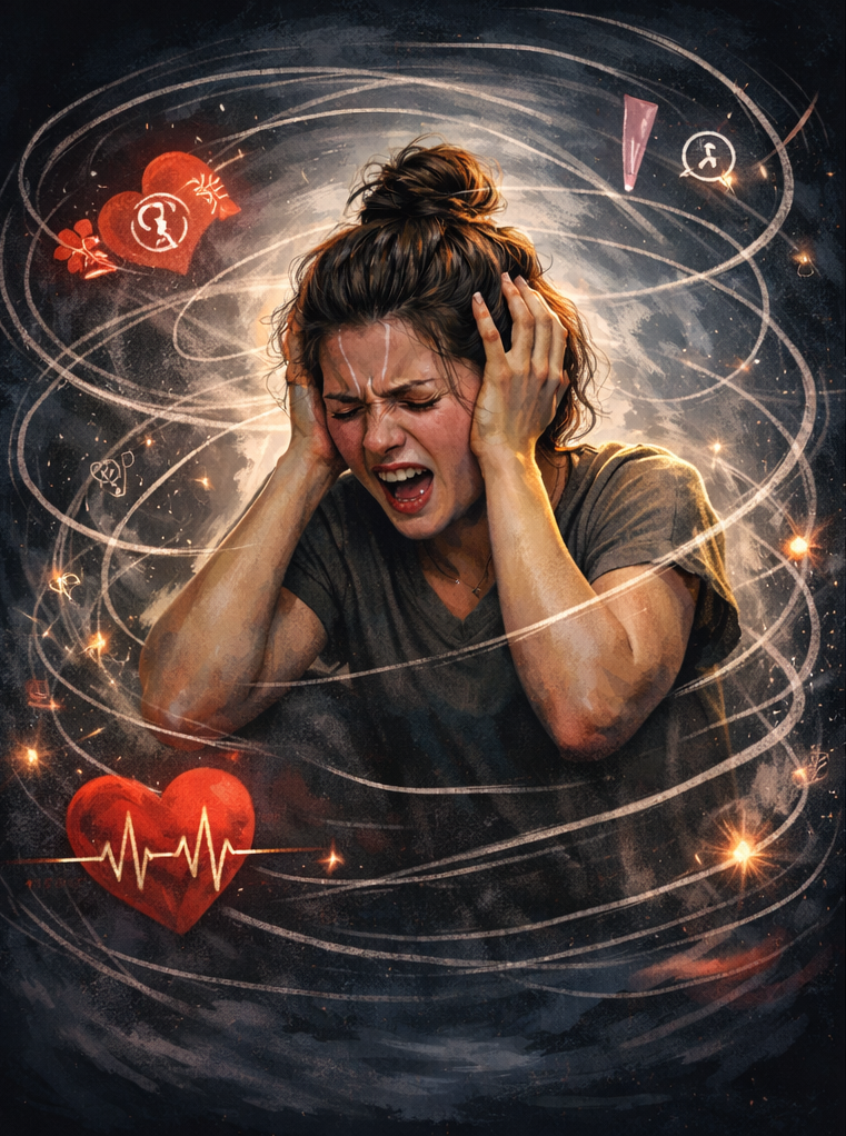 Illustration showing a woman experiencing a panic attack surrounded by chaotic swirling lines and a racing heart symbol, contrasted with a calm version of the woman meditating peacefully in nature.