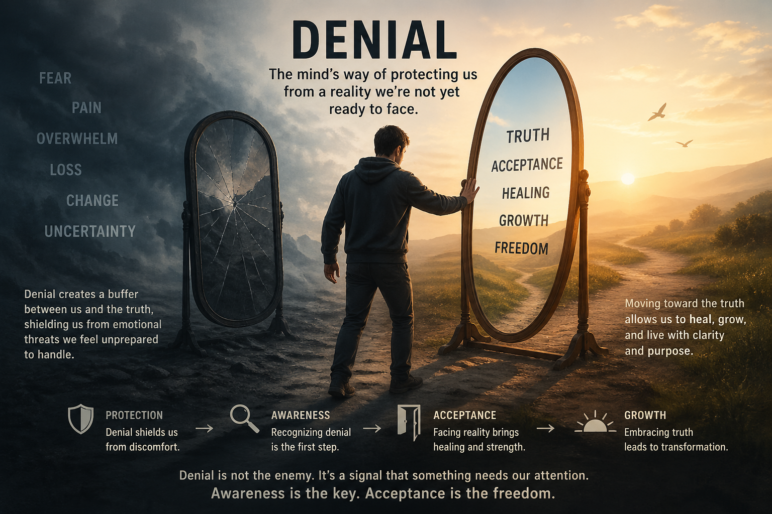 A conceptual image of a person standing between two mirrors—one dark and cracked representing denial, fear, and emotional overwhelm, and the other bright and clear symbolizing truth, acceptance, healing, and personal growth.