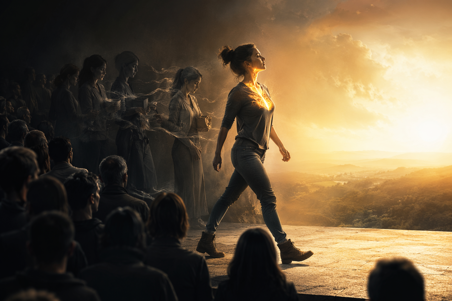 Person walking out of a dark crowd into light with glowing chest, symbolizing self-advocacy, inner strength, and finding your voice
