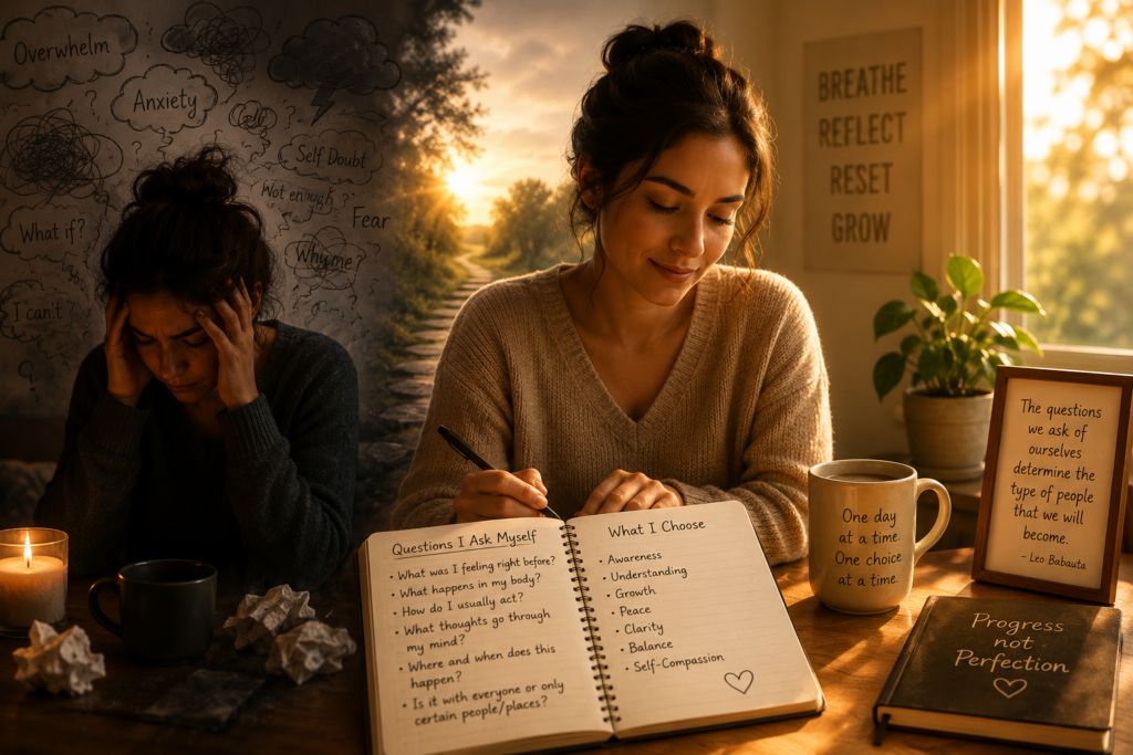 A warm and symbolic mental health illustration showing a woman moving from emotional overwhelm toward clarity and self-awareness while journaling along a peaceful path at sunrise, representing reflection, emotional growth, and balance.