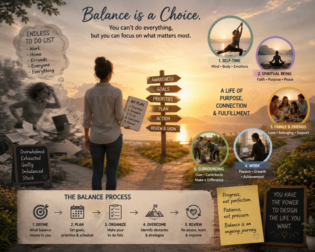 Person reflecting on work-life balance while organizing priorities related to family, self-care, spirituality, work, and personal growth.
