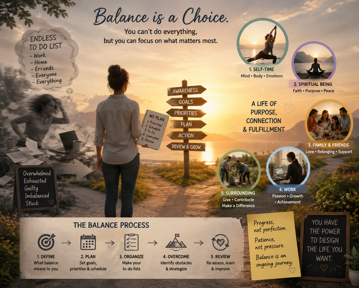 Person reflecting on work-life balance while organizing priorities related to family, self-care, spirituality, work, and personal growth.