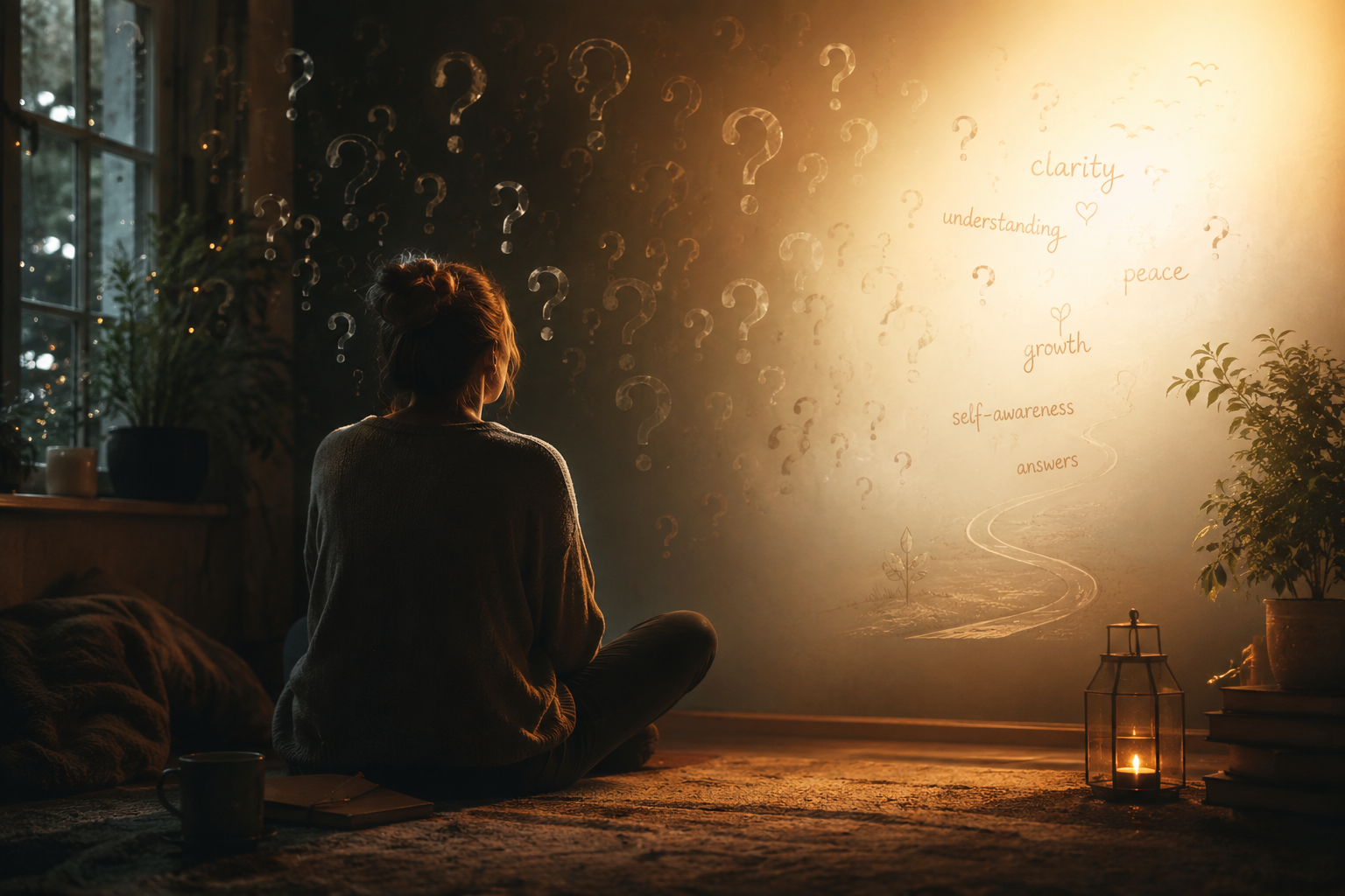 Person sitting quietly in reflection surrounded by soft abstract question marks fading into warm light, symbolizing emotional processing, self-awareness, and the search for clarity.
