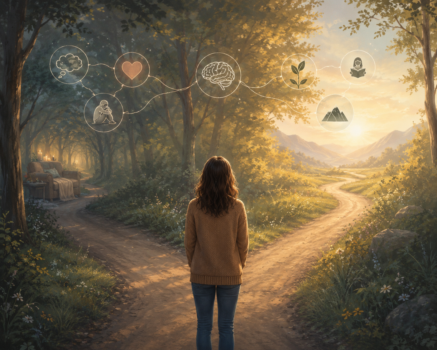 Person standing at a crossroads reflecting on choices while subtle pathways represent short-term and long-term consequences of behavior.