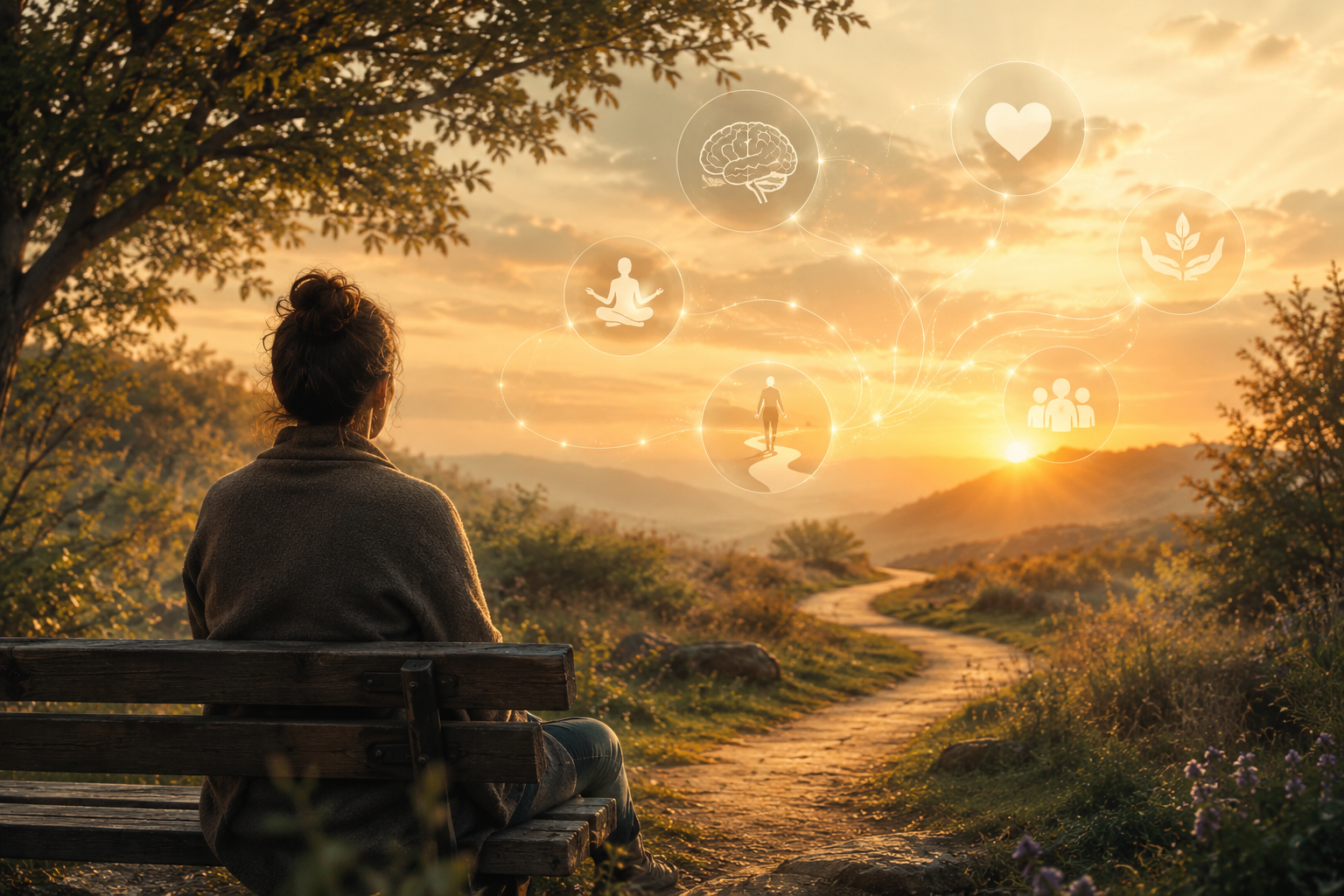 Person sitting quietly with a journal, reflecting on thoughts and emotions while observing a winding path ahead, symbolizing self-awareness and the CBT ABC Model.