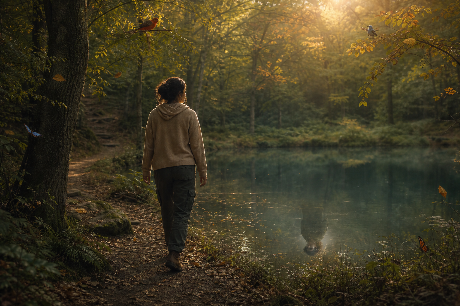 Person walking beside a peaceful forest pond, symbolizing the deflection defense mechanism, emotional self-awareness, healing, and reflection.