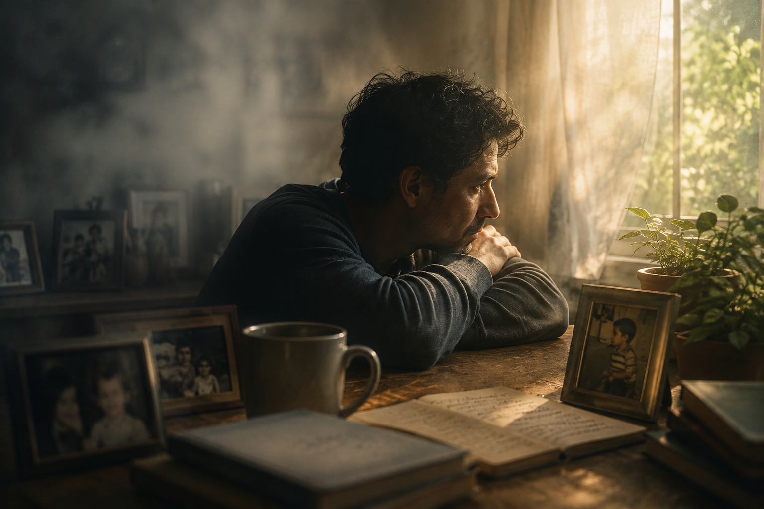 Man sitting quietly in a familiar room surrounded by photographs and everyday objects, symbolizing how depression can affect memory, focus, and mental clarity.