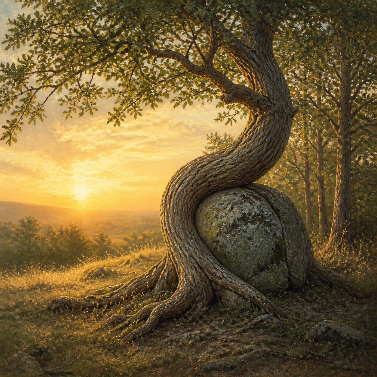 A distinctive winding tree growing around a weathered stone, symbolizing how temperament and experience shape eccentric tendencies.