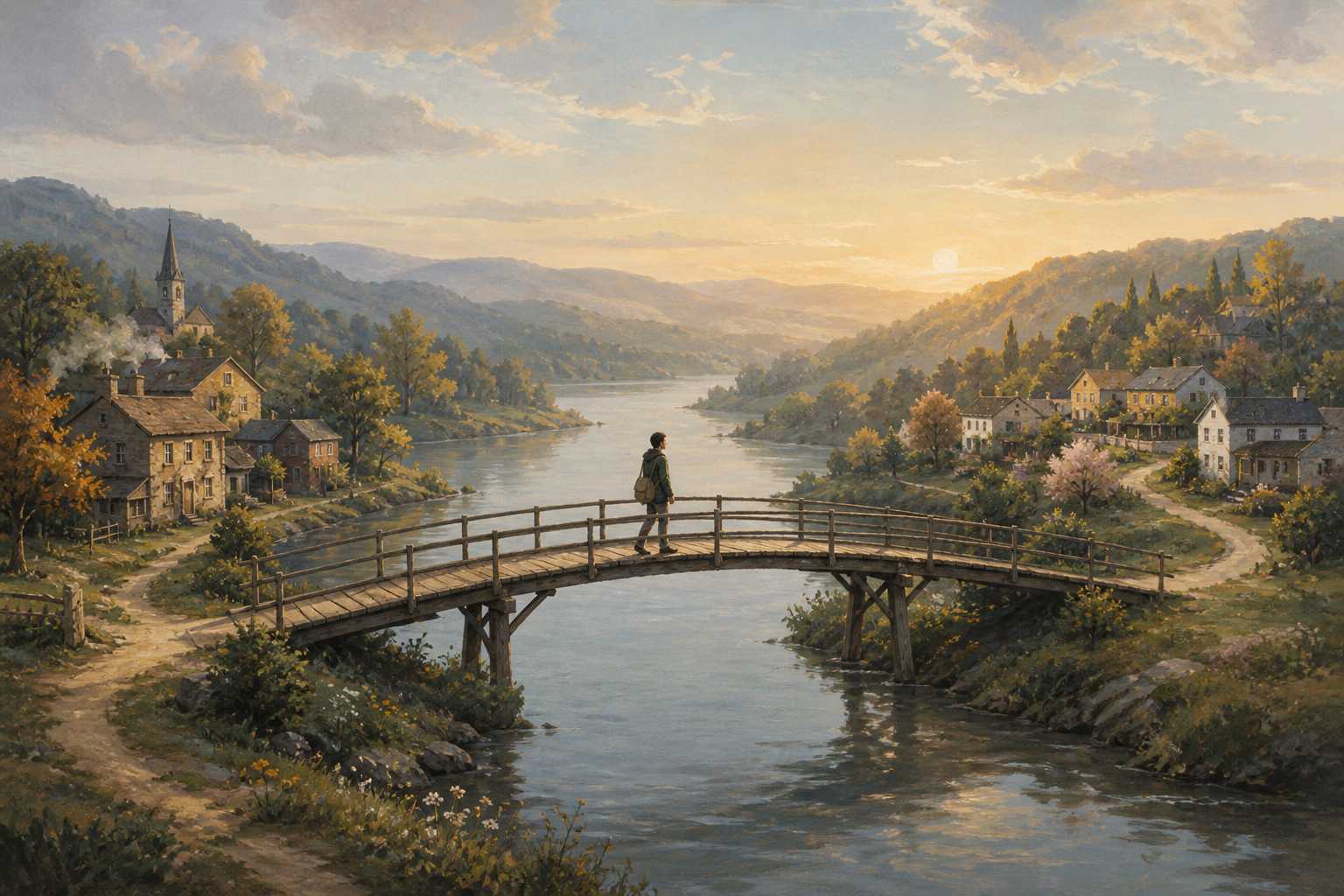 A reflective traveler crossing a bridge between two welcoming communities, symbolizing necessary losses and personal growth.