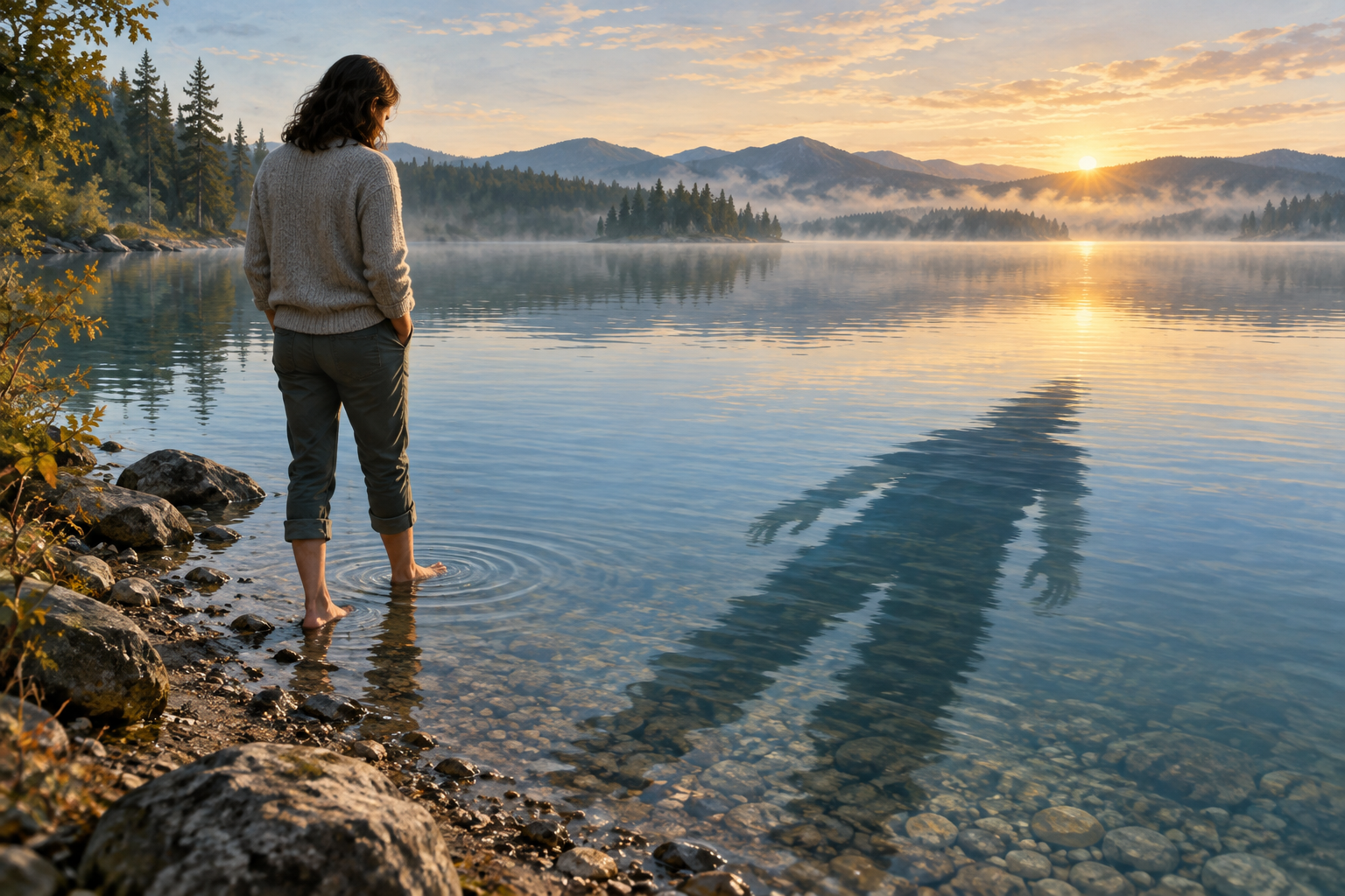 A person entering a calm lake while an enlarged reflection represents the discomfort created by anticipation.