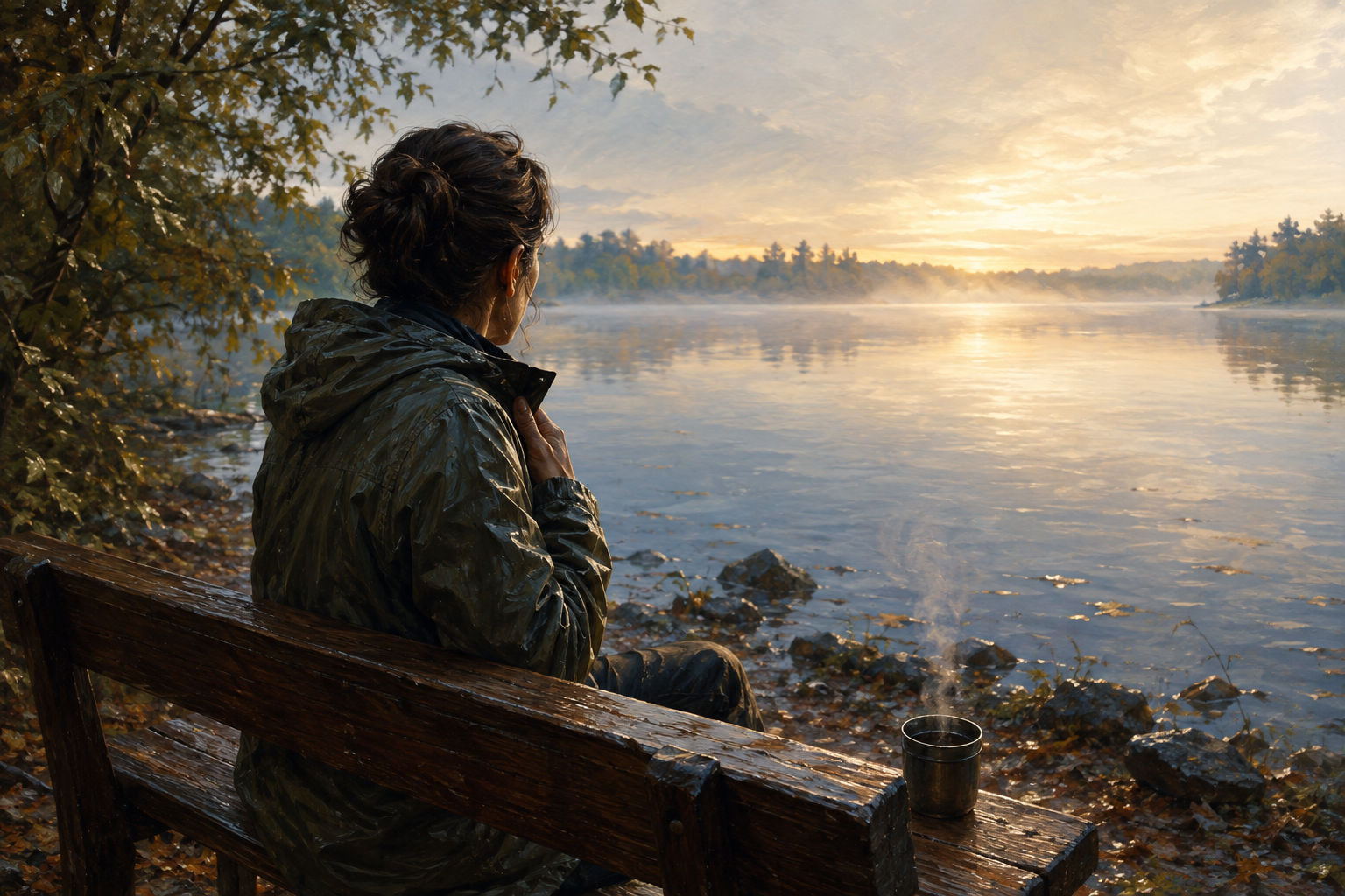 A person in a raincoat sitting beside a calm lake after a storm, learning that unfamiliar peace can still be safe.