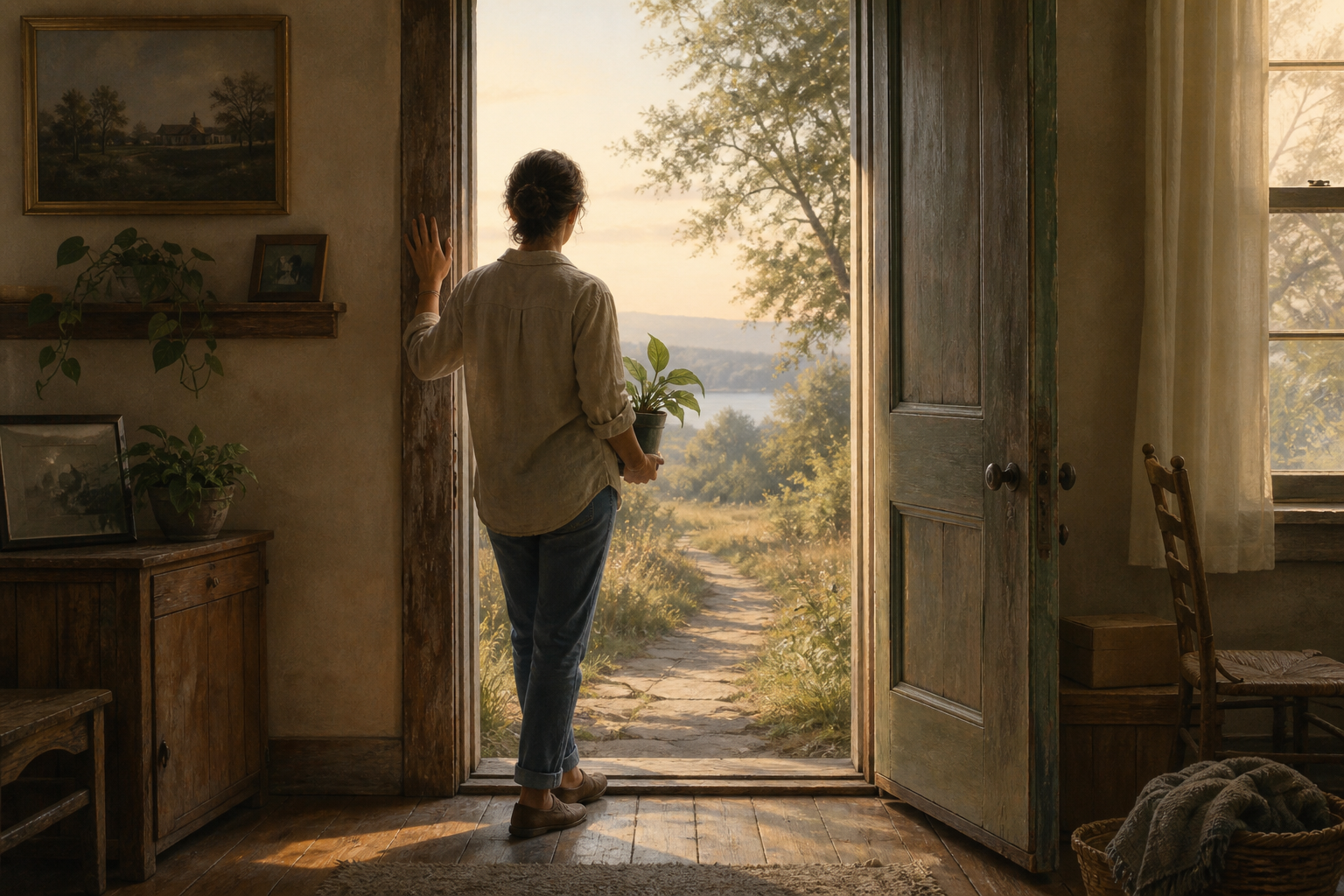 A reflective person thanking a familiar home before carrying a small plant toward a new path, symbolizing gratitude and closure.