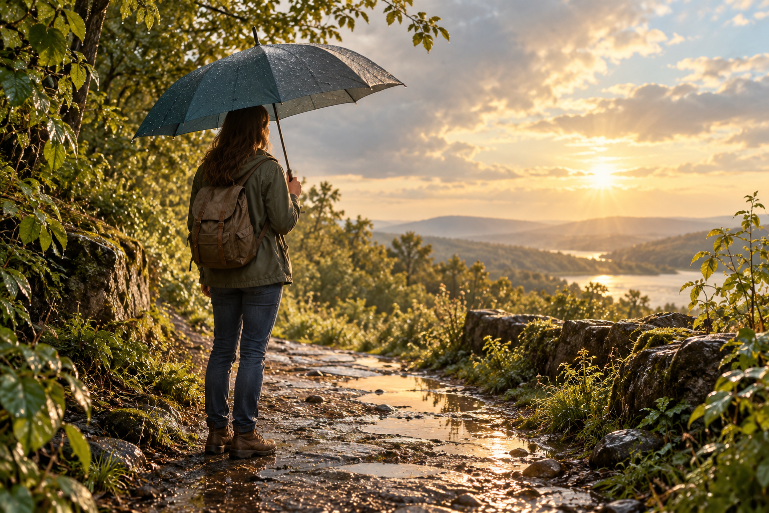 A person holding an umbrella after the rain has stopped, symbolizing self-protection that may no longer be necessary.